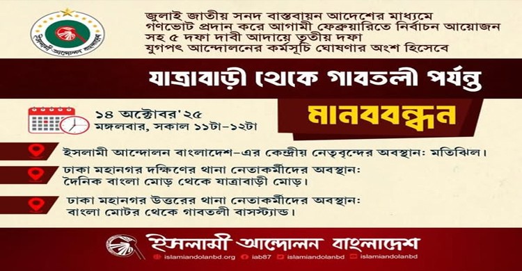 যাত্রাবাড়ী থেকে গাবতলী পর্যন্ত ইসলামী আন্দোলনের মানববন্ধন মঙ্গলবার